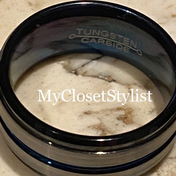 Tungsten Carbide Gunmetal Band Ring NEW! 10.5 Statement Minimalist Blue wedding - Picture 8 of 8